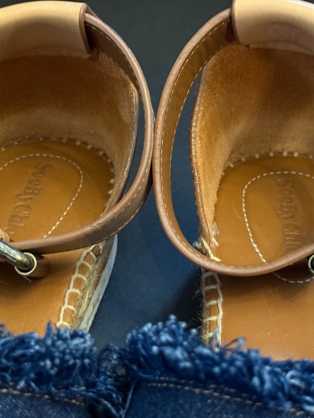 Authentic See by Chloé Denim Frayed Wedge Sandals (8) - Picture 4 of 14